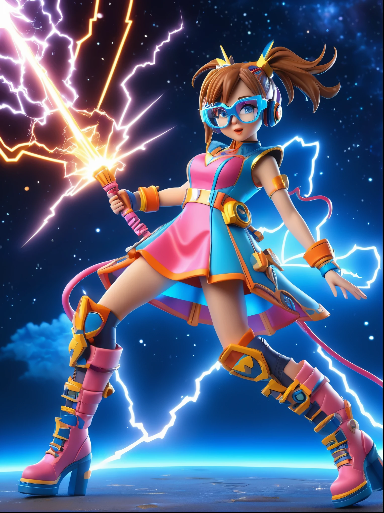 1girl, solo, Lightning energy，Electricity elements，Double ponytail，Love tiara，Wearing heart eye glasses，Blue Highlight Lightning，Wearing a bright pink and orange dress，High heel boots，Holding an electric love stick，Space starry sky background，Galactic battleship，Fighting Stance，Explosion，Best quality，Original，whole body，Cartoon Style，3D character rendering，Created with C4D and Blender，precise，Blind box toy style，Super Detail，Anatomically correct，masterpiece, 1djxz1