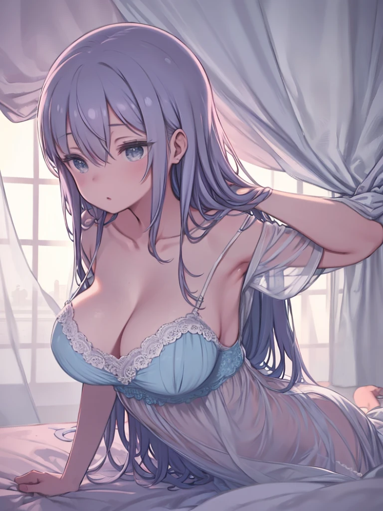 One Mature Woman、Big Breasts、Hair between the eyes、Canopy bed、White Curtains、Light blue sheets、Light blue long hair、Pink nightgown、rubbing sleepy eyes、Waking up、Watching the audience、Angle from behind、look back、See-through clothing、morning、