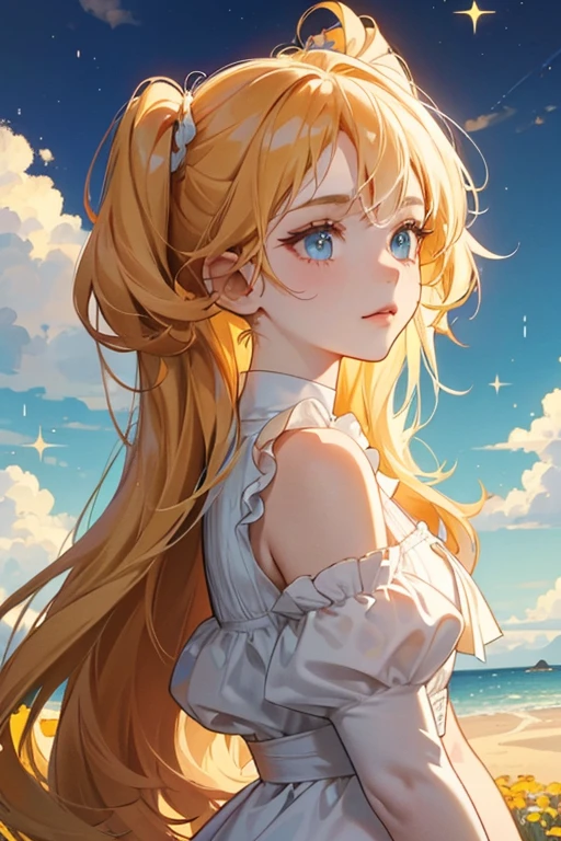 she resembles a yellowish orange dog with two floppy ears, and a pale yellow muzzle. sHe has hair tufts on her forehead and, without her hat, has fluffy hair on top of her head as well. sHe has small furry tufts below her cheeks similar to Lovelitchi, except she has two on each side instead of three. her eyes are dark blue, slightly flat at the bottom, and have windmill-shaped highlights in them. SPARKLE; GLITTER