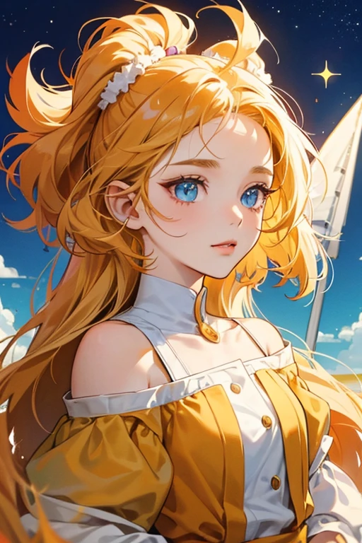 she resembles a yellowish orange dog with two floppy ears, and a pale yellow muzzle. sHe has hair tufts on her forehead and, without her hat, has fluffy hair on top of her head as well. sHe has small furry tufts below her cheeks similar to Lovelitchi, except she has two on each side instead of three. her eyes are dark blue, slightly flat at the bottom, and have windmill-shaped highlights in them. SPARKLE; GLITTER