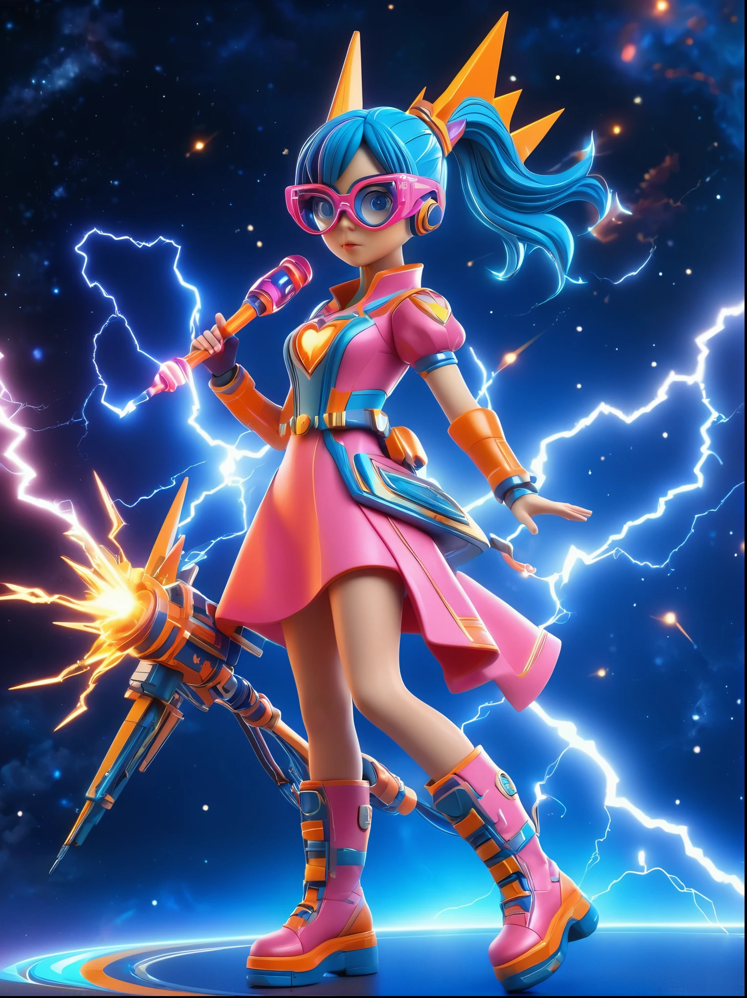 1girl, solo, Lightning energy，Electricity elements，Double ponytail，Love tiara，Wearing heart eye glasses，Blue Highlight Lightning，Wearing a bright pink and orange dress，High heel boots，Holding an electric love stick，Space starry sky background，Galactic battleship，Fighting Stance，Explosion，Best quality，Original，whole body，Cartoon Style，3D character rendering，Created with C4D and Blender，precise，Blind box toy style，Super Detail，Anatomically correct，masterpiece, 1djxz1