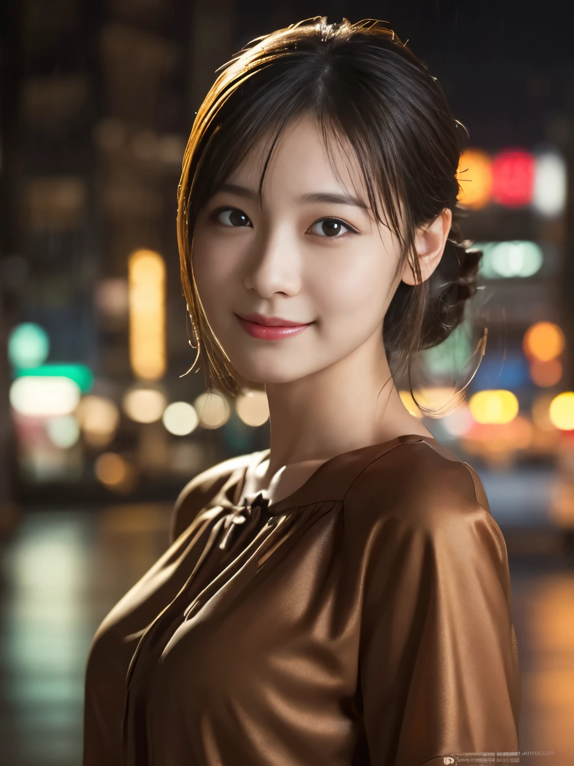 1 girl, (Wearing a brown blouse:1.2), Beautiful Japan actress,
(RAW photo, highest quality), (realistic, Photoreal:1.4), masterpiece,
very delicate and beautiful, very detailed, 2k wallpaper, wonderful,
finely, Very detailed CG Unity 8K wallpaper, Super detailed, High resolution,
soft light, beautiful detailed girl, very detailed eye and face, beautifully detailed nose, beautiful and detailed eyes, cinematic lighting,
break,
(Against the backdrop of a rainy night cityscape 1.3), city lights,
perfect anatomy, slender body, smile, Face the front completely, look at the camera,