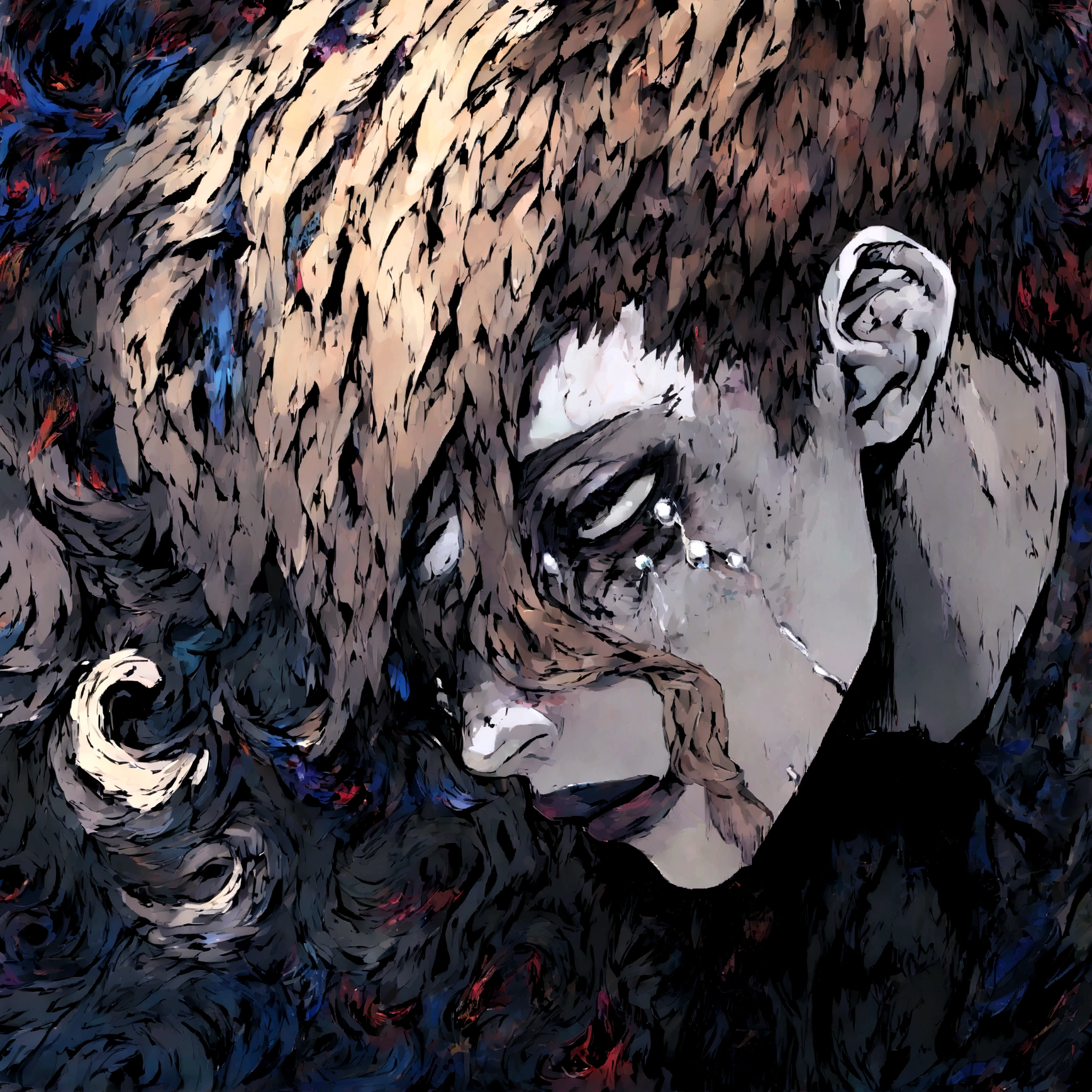 a portrait of a pale skinned male with short brown hair and grey skin crying black tears with black eyes, swirling dark backround, edgy aesthetic