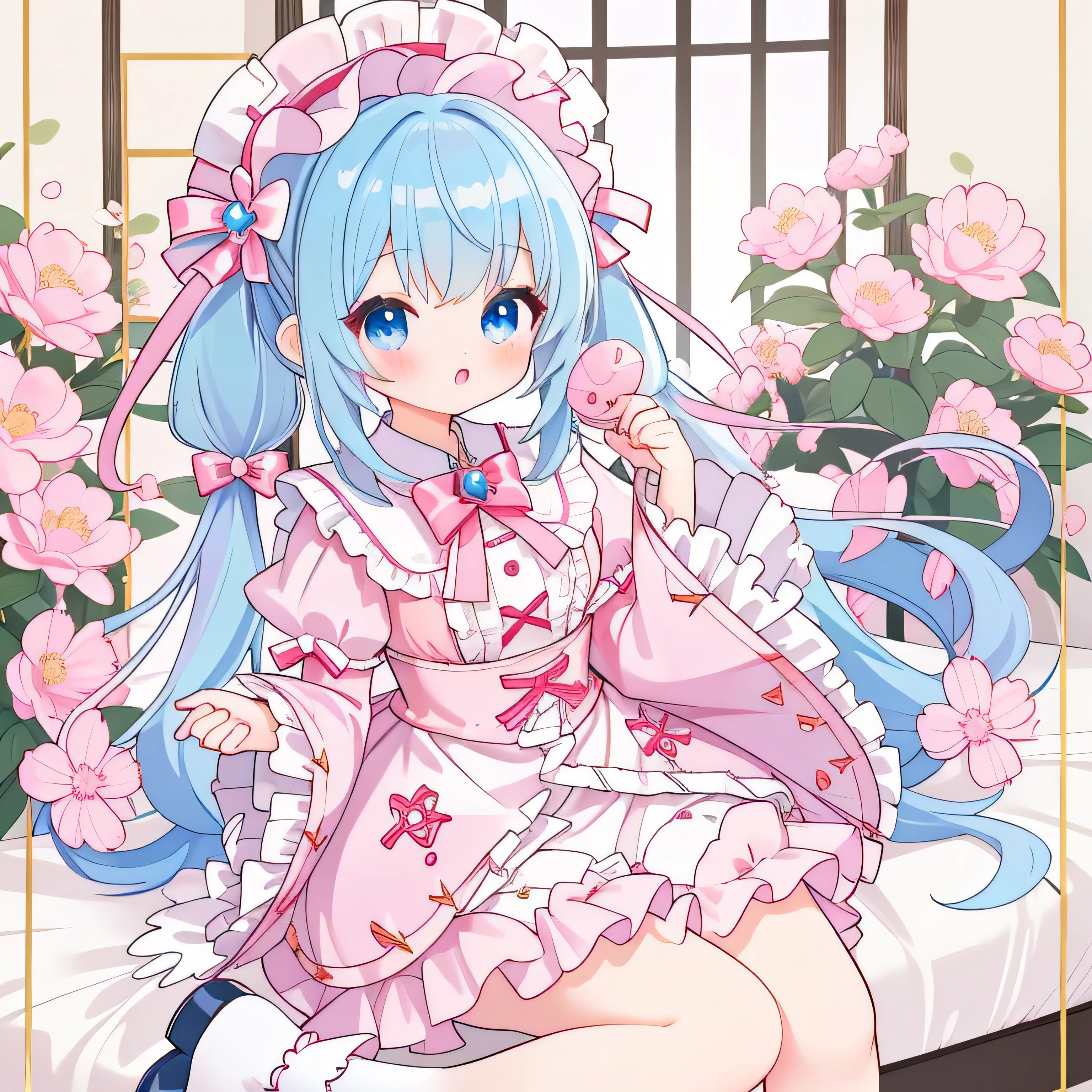 extremely detailed CG unified 8k wallpaper, very fine 8KCG wallpaper, absurderes, ,Best Quality ,ultra-detailliert ,Beautiful face ,masterpiece、Show from head to waist、sitting on、top-quality(masterpiece), top-quality, lightblue hair、Very low twin tails、lightblue hair, pink Lolita Clothes、light blue eyes、cute little、masterpiece、top-quality、Top image quality、Inside the building,