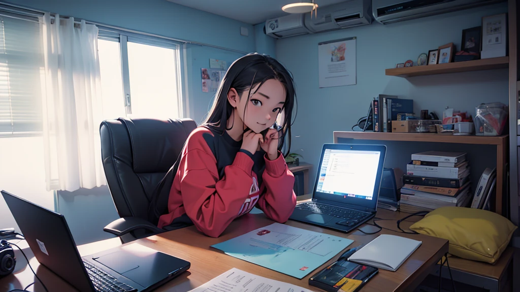 Uma chinesa de , hacker especialista em tecnologia. She is in her cozy and relaxing room