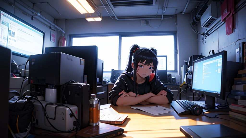 Uma chinesa de 16 anos, hacker especialista em tecnologia. She is in her cozy and relaxing room
