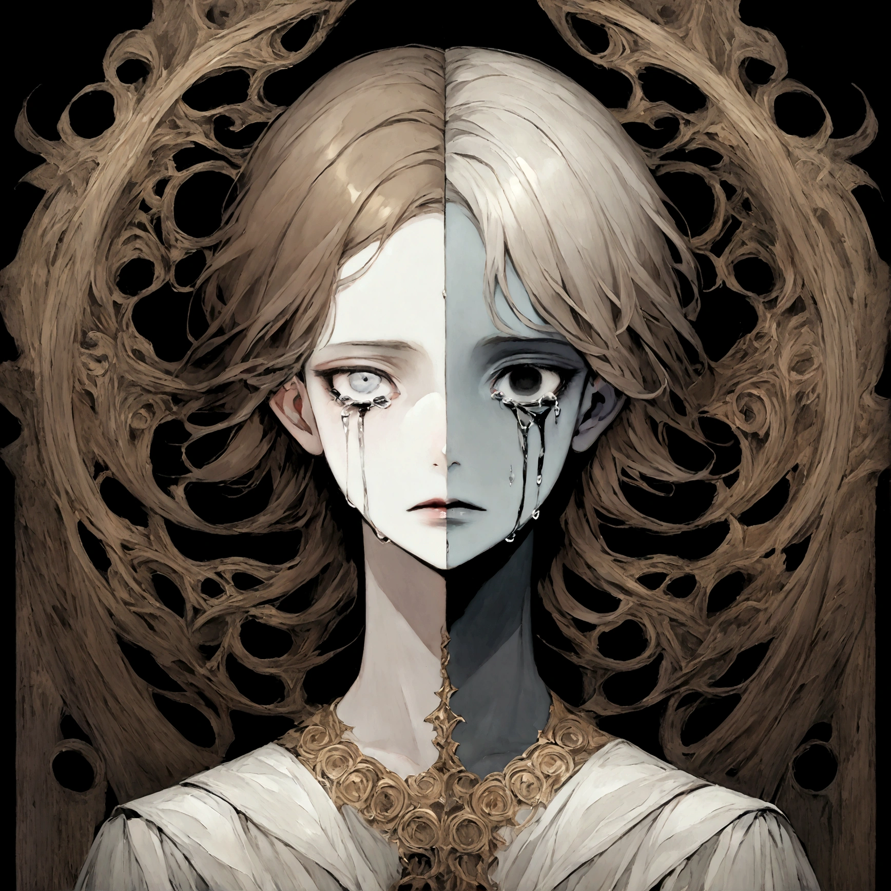 a portrait of a pale skinned male with short brown hair and grey skin crying black tears with black eyes, swirling dark backround, edgy aesthetic