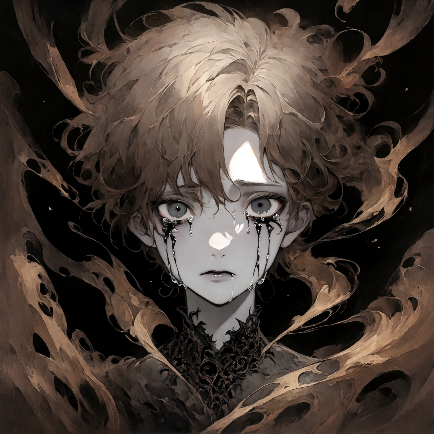 a portrait of a pale skinned male with short brown hair and grey skin crying black tears with black eyes, swirling dark backround, edgy aesthetic