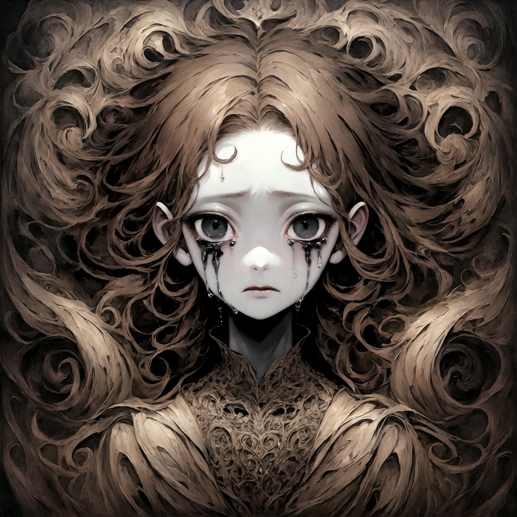 a portrait of a pale skinned male with short brown hair and grey skin crying black tears with black eyes, swirling dark backround, edgy aesthetic