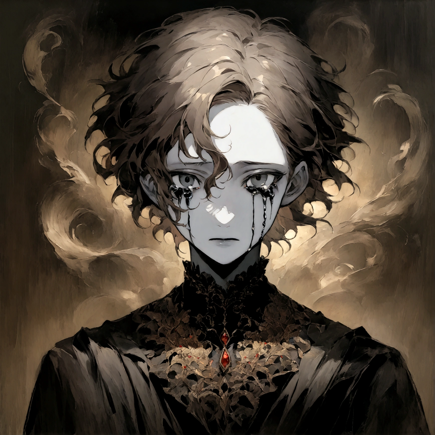 a portrait of a pale skinned male with short brown hair and grey skin crying black tears with black eyes, swirling dark backround, edgy aesthetic
