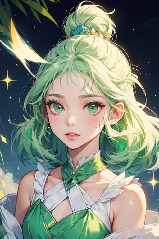 she has a light green fluffy body with a tuft of hair on her forehead. sHe has two small white clouds on the sides of her head. SPARKLE; GLITTER