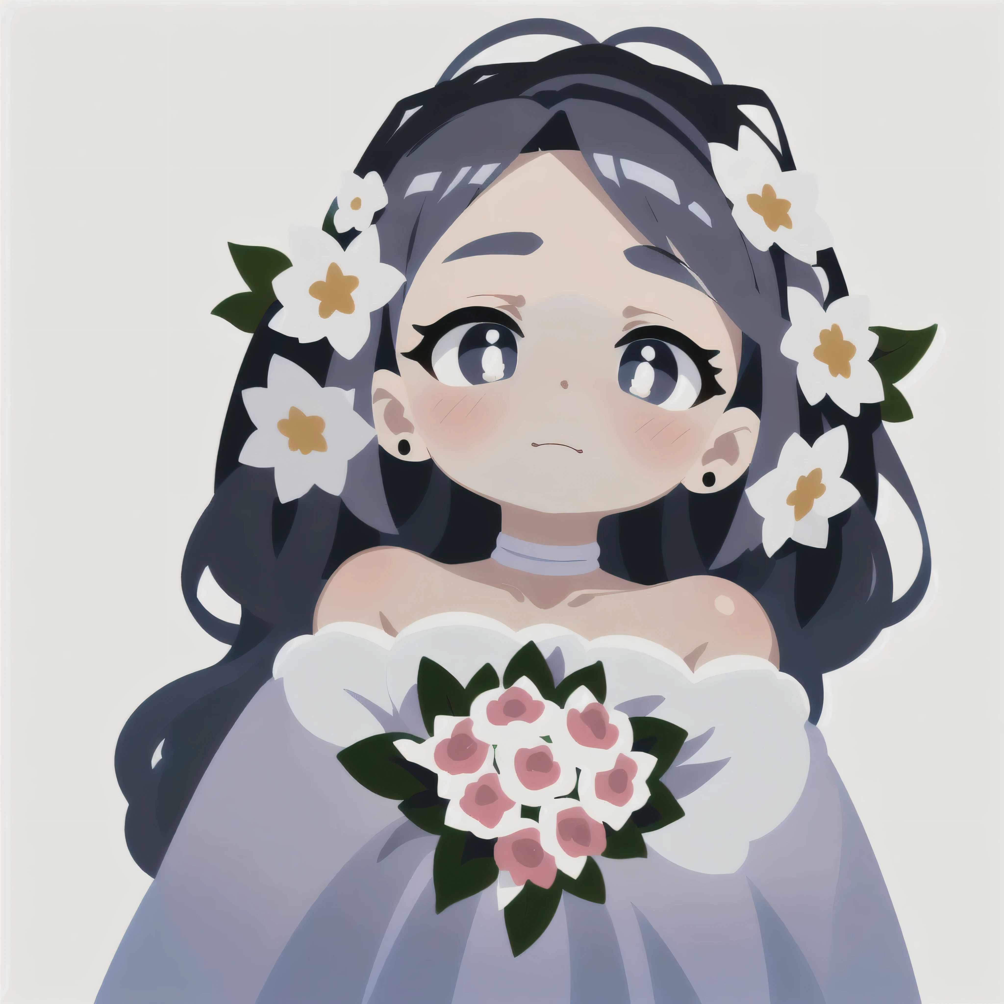 (best quality, masterpiece:1.1),   close up,    looking up, (1female), boring face, grey hair, long hair, spiked hair,     hair ornaments,   wedding dress, veil, earrings, heart earrings, holding bouquet, white flower, white rose, ( (magazine, magazine cover background, simple background:1.1)),