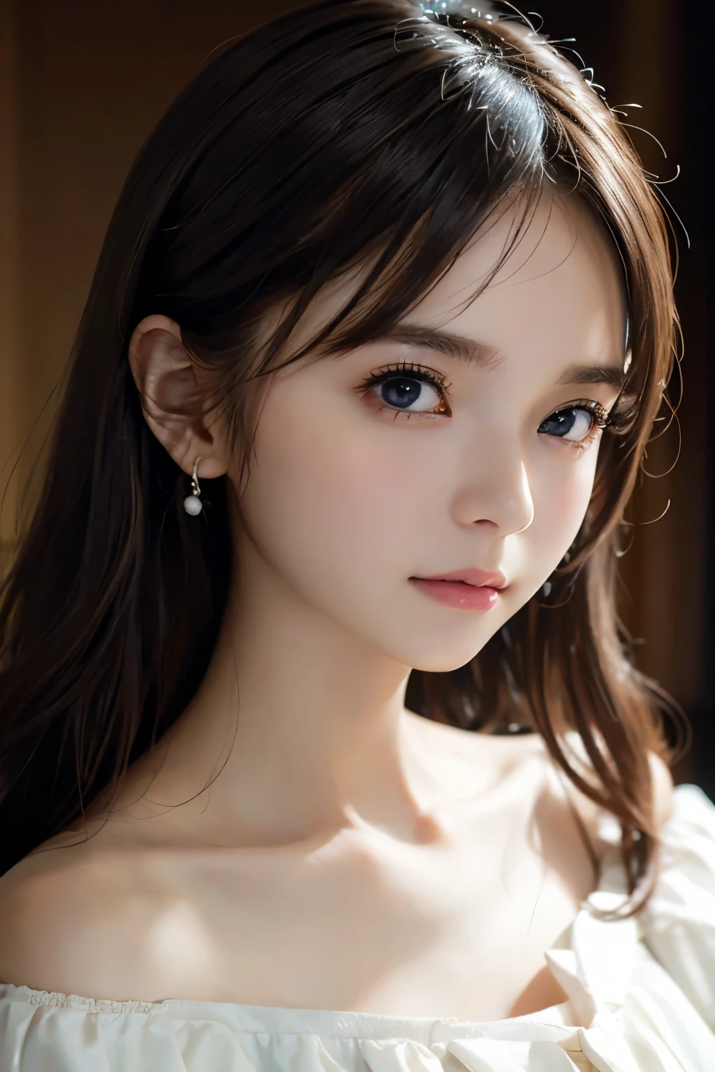 Background is grassland、Image from chest up:1.6)、Close-up portrait of a woman wearing a white off-the-shoulder top dress and earrings, Soft portrait shot 8k, Nice delicate face, High-quality 4K portraits, High-quality portraits, Soft, perfect, pale skin, 8K Highly Detailed Face, なbeautiful繊細な顔, beautiful光の大きな目, Beautiful and realistic face, beautiful14Old woman, Beautiful and realistic face, cute14Old woman