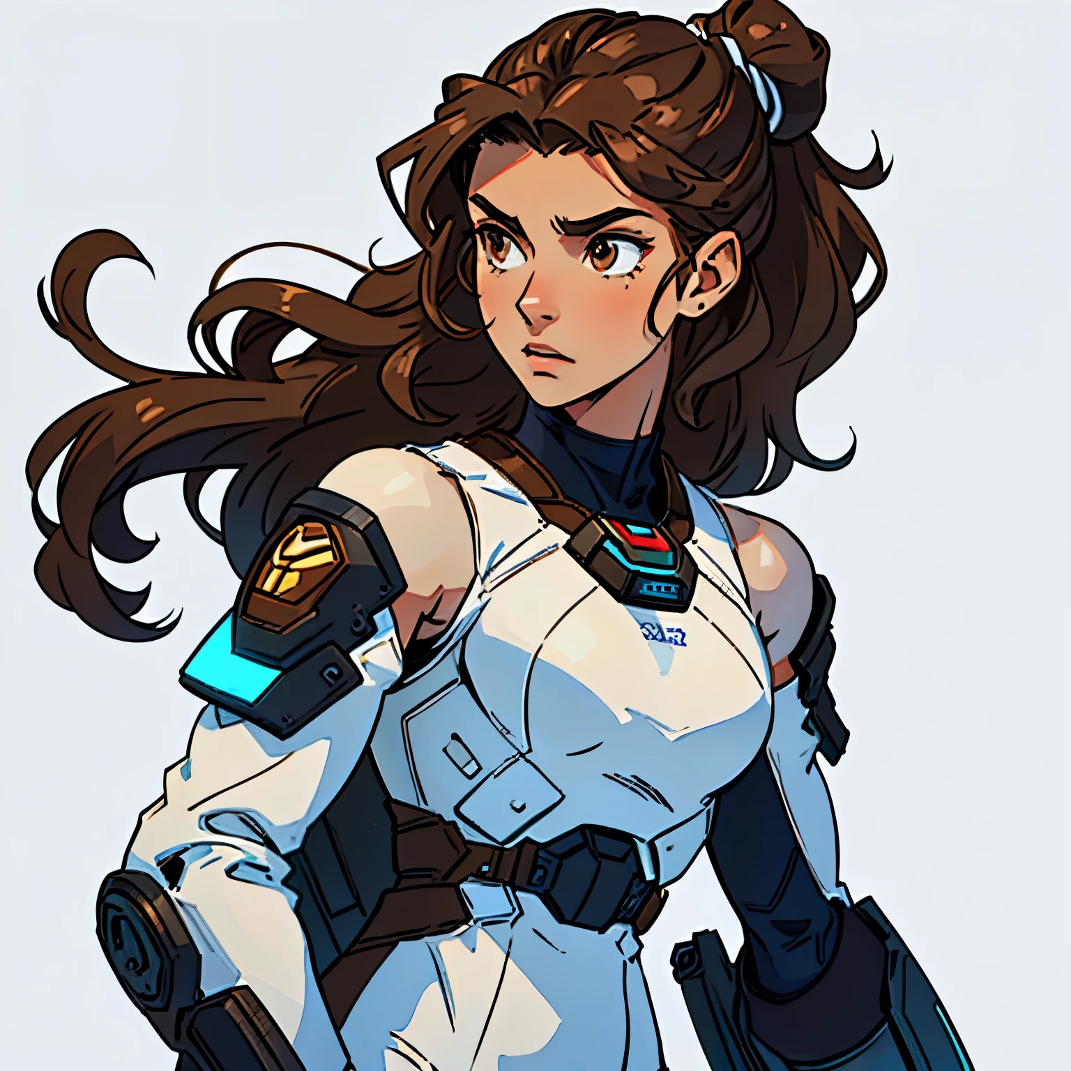 (Caucasian teenager), 18 years old, brown eyes, (wavy brown hair), (hair tied back), medium hair, small breasts. She wears a white sci-fi suit, bare shoulders, solo,  aura of light surrounding his body, simple background