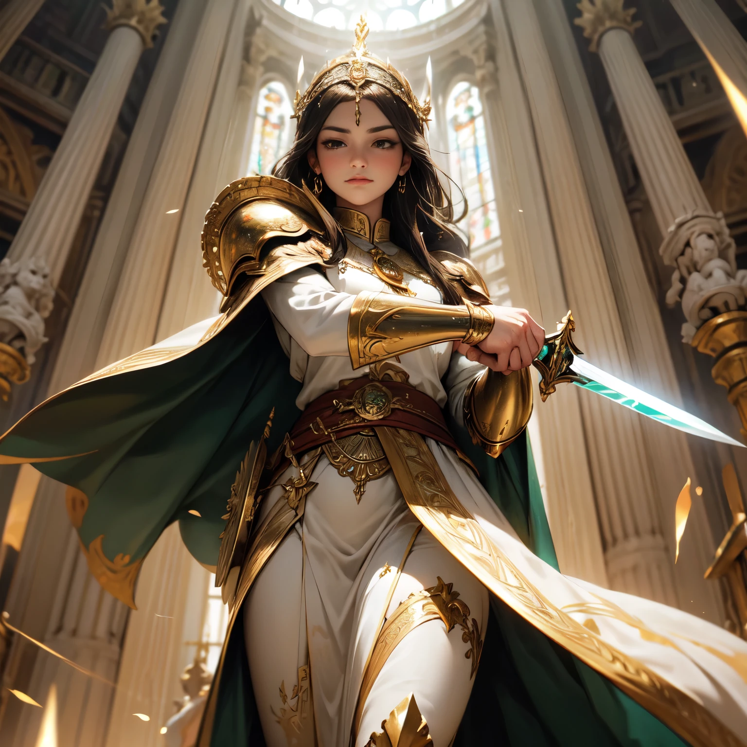 Create an 8K ultra HD digital image of a noble dark brown haired Holy Oracle warrior, longos e lisos, vestido com trajes de batalha e realeza, na biblioteca real do castelo. O guerreiro tem olhos verdes brilhantes e pele morena. He is dressed in royal velvet armor of emerald green with gold and silver trim., Adorned with magical jewels that glow softly. Ele usa uma coroa de ouro com pedras preciosas e pulseiras de ouro nos pulsos. Na biblioteca real, o guerreiro empunha a Espada de Zeus. The sword is made of celestial gold and emits golden rays, with divine inscriptions along the blade that shine brightly. The hilt of the sword is adorned with small rays and lightning., simbolizando seu poder supremo. Ele segura a espada em uma pose contemplativa, while electric sparks dance around you. The Sword of Zeus is known for its ability to control thunder and lightning, e uma aura de poder divino emana dela. The library is a temple of knowledge, com prateleiras altas cheias de livros antigos e pergaminhos. Soft light enters through large windows, iluminando mesas de leitura e poltronas de couro. Lustres delicados pendem do teto alto, adding a touch of elegance. The image should capture the serenity and erudition of the library, highlighting the warrior's interaction with the Sword of Zeus.
