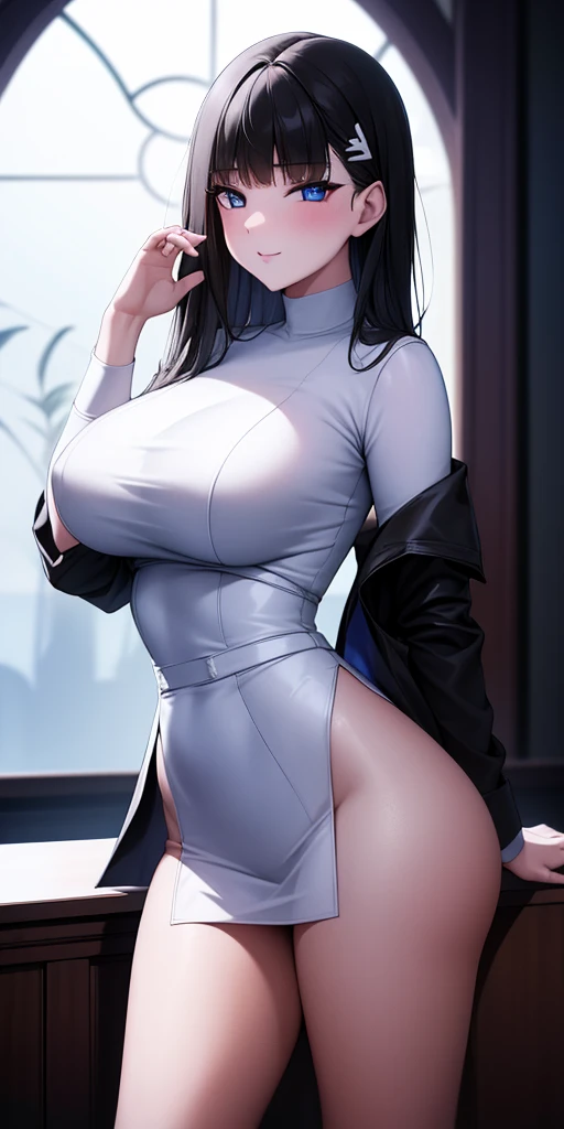 ((obra maestra)), ((mejor calidad)), (ultra detallado), ((extremadamente detallado)), 4k, (8K), mejor calidad, (Hermoso), estilo animado, mirar hacia arriba desde abajo, bar, Noche, una chica guapa, 1 chica, solo, traje, Hermoso rainbow hair, Hermoso blue eyes, ((Hermoso eyes)), De piel blanca, pendientes, cuello, sonrisa