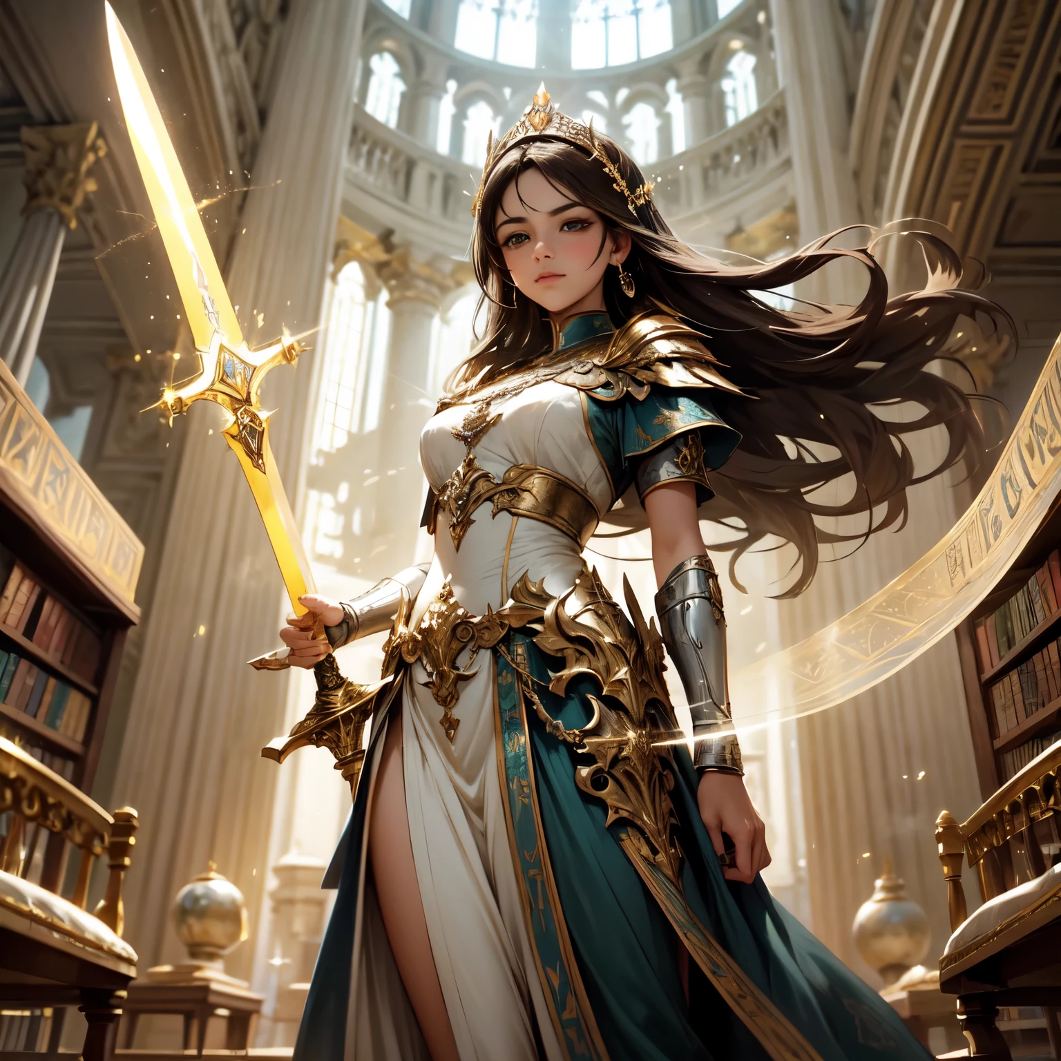 Create an 8K ultra HD digital image of a noble dark brown haired Holy Oracle warrior, longos e lisos, vestido com trajes de batalha e realeza, na biblioteca real do castelo. O guerreiro tem olhos verdes brilhantes e pele morena. He is dressed in royal velvet armor of emerald green with gold and silver trim., Adorned with magical jewels that glow softly. Ele usa uma coroa de ouro com pedras preciosas e pulseiras de ouro nos pulsos. Na biblioteca real, o guerreiro empunha a Espada de Zeus. The sword is made of celestial gold and emits golden rays, with divine inscriptions along the blade that shine brightly. The hilt of the sword is adorned with small rays and lightning., simbolizando seu poder supremo. Ele segura a espada em uma pose contemplativa, while electric sparks dance around you. The Sword of Zeus is known for its ability to control thunder and lightning, e uma aura de poder divino emana dela. The library is a temple of knowledge, com prateleiras altas cheias de livros antigos e pergaminhos. Soft light enters through large windows, iluminando mesas de leitura e poltronas de couro. Lustres delicados pendem do teto alto, adding a touch of elegance. The image should capture the serenity and erudition of the library, highlighting the warrior&#39;s interaction with the Sword of Zeus.