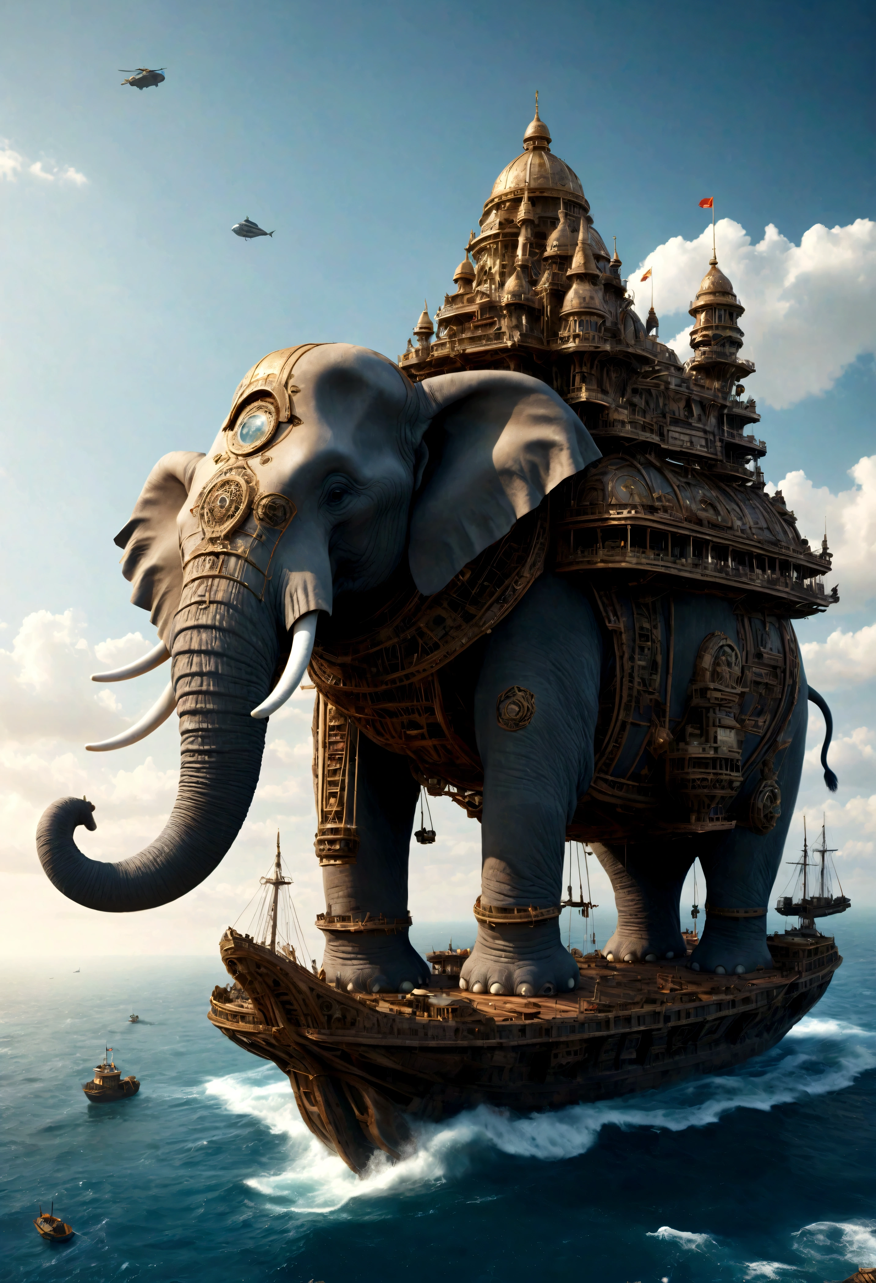 A huge elephant shaped building floating on the sea, with many ships around it. The building has a complex mechanical structure and appears to be from an otherworldly world in a fantastical style. It is depicted as a masterpiece of photography. In a cinematic and realistic style, it features high resolution and detailed architectural scenes.