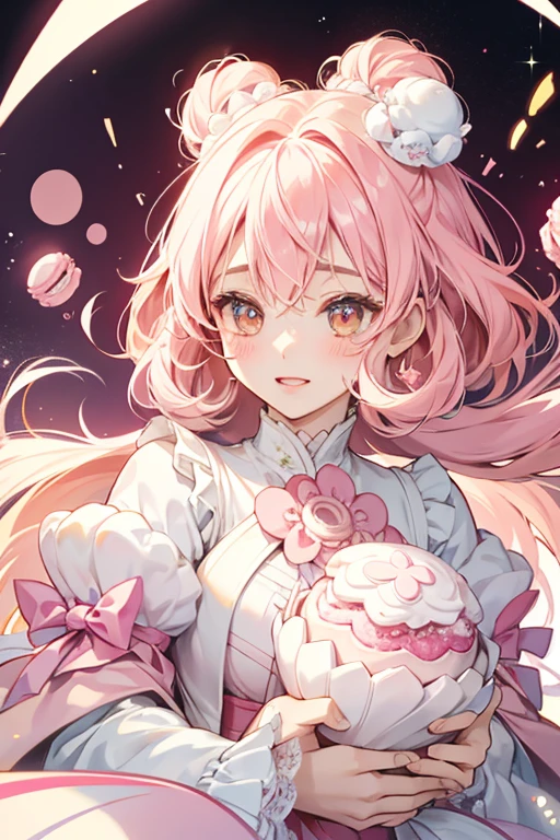 Mokarotchi has a tiered body that is light pink on the top and bottom, with her face in the middle being a pale cream color. She resembles a ball of mochi between the two halves of a pink macaron. SPARKLE; GLITTER