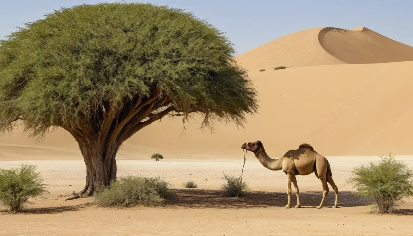 The image represents a landscape of arid terrain, sparsely populated with bushes and small bushes. The most striking feature is a unique and distinctive tree that provides shade for a CAMEL beneath it. The camel under the tree appears to be a dromedary, which has a single hump.