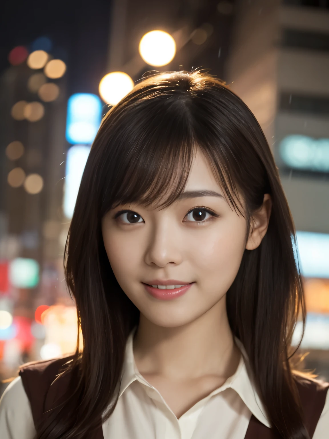 1 girl, (Wearing a brown blouse:1.2), Beautiful Japan actress,
(RAW photo, highest quality), (realistic, Photoreal:1.4), masterpiece, 
very delicate and beautiful, very detailed, 2k wallpaper, wonderful, 
finely, Very detailed CG Unity 8K wallpaper, Super detailed, High resolution, 
soft light, beautiful detailed girl, very detailed eye and face, beautifully detailed nose, beautiful and detailed eyes, cinematic lighting, 
break,
(Against the backdrop of a rainy night cityscape 1.3), city lights, 
perfect anatomy, slender body, smile, Face the front completely, look at the camera,