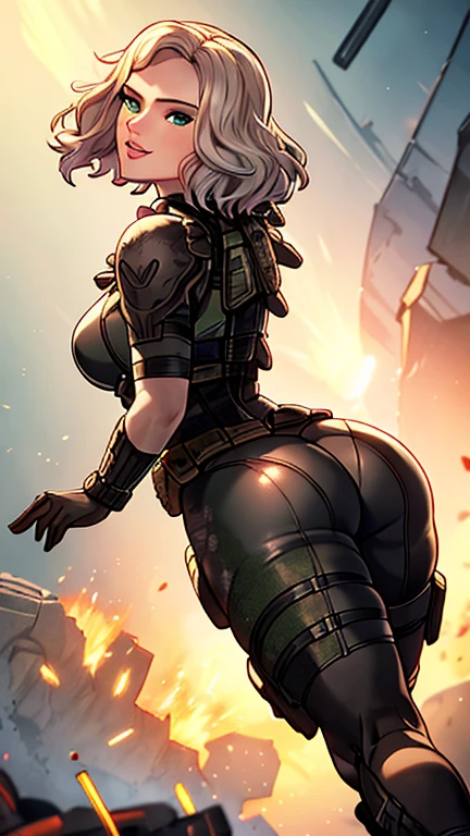 (Masterpiece),(Scarlett Johansson),(Platinum Blonde Hair),(Detailed Ass),(Detailed eyes),(Green Eyes),(Detailed Nose),(Detailed Lips),(Detailed Thighs), (Detailed Feets)(Goth Makeup),(Green Tactical Vest), wearing black tactical suit, green tactical vest,widow bite gloves,Bending forward with a wide leg stance, Black Widow's tight tactical suit highlights the tight roundness of her hips and buttocks swaying. She looks back with a coy, seductive smile, her short classic bob haircut, hair falling gracefully.