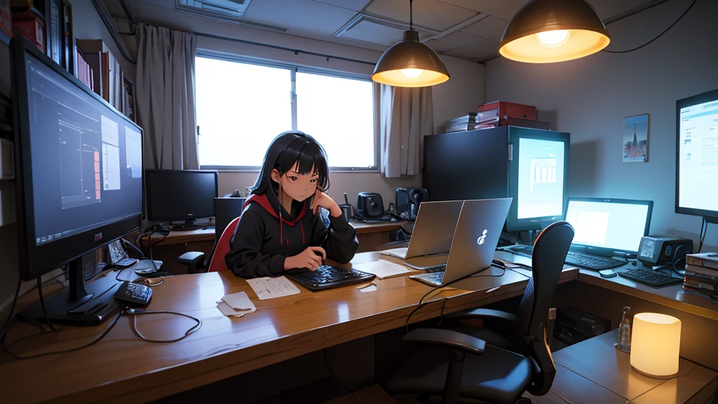 Uma chinesa de 16 anos, hacker especialista em tecnologia. She is in her cozy and relaxing room
