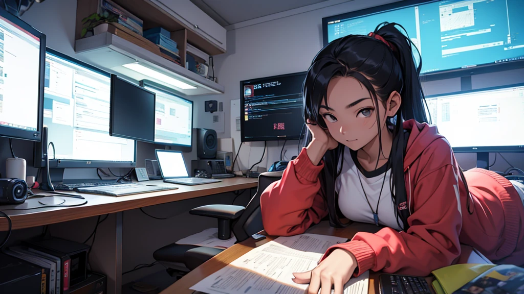 Uma chinesa de , hacker especialista em tecnologia. She is in her cozy and relaxing room
