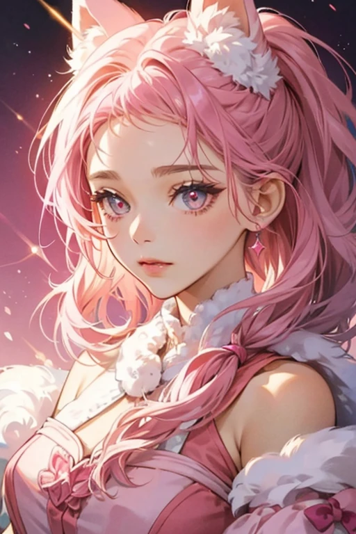 she has a round head with two pink ears, a tuft of hair on her forehead, and pink frills around her neck. females have pink fur. SPARKLE; GLITTER