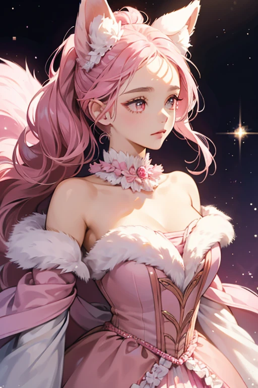 she has a round head with two pink ears, a tuft of hair on her forehead, and pink frills around her neck. females have pink fur. SPARKLE; GLITTER