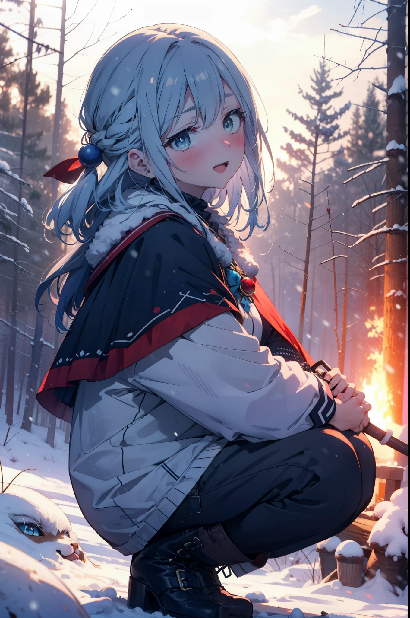 konosubaAqua, Aqua, Long Hair, blue eyes, hair ornaments, very Long Hair, Blue Hair, Hair Ring, シングルHair Ring, Hair ties,smile,smile,blush,White Breath,
Open your mouth,snow,A bonfire on the ground,, Outdoor, boots, snowing, From the side, wood, suitcase, Cape, Blurred, , forest, White handbag, nature, Squat, Mouth closed, Cape, winter, Written boundary depth, Black shoes, red Cape break looking at viewer, Upper Body, whole body, break Outdoor, forest, nature, break (masterpiece:1.2), highest quality, High resolution, unity 8k wallpaper, (shape:0.8), (Beautiful and beautiful eyes:1.6), Highly detailed face, Perfect lighting, Extremely detailed CG, (Perfect hands, Perfect Anatomy),