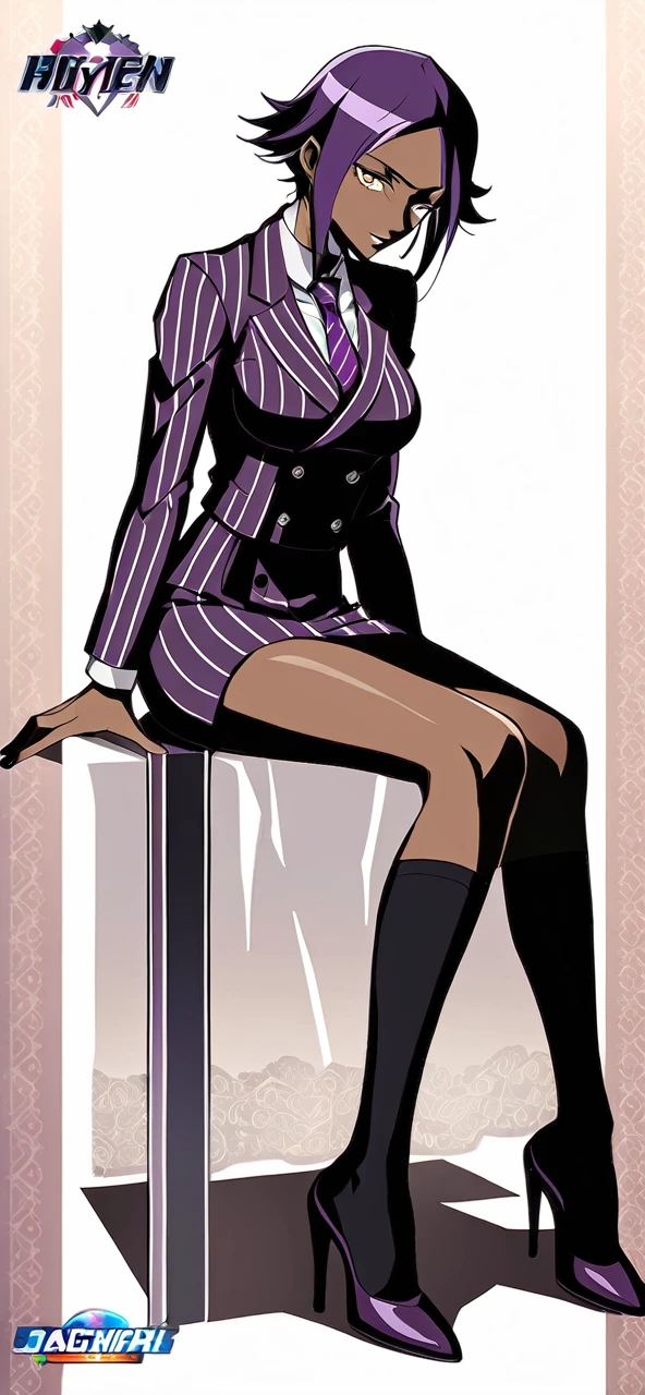  Full body Yoruichi as a thin Black business woman in a double breasted pinstripe purple  skirt suit while wearing a tie with a very long purple pinstripe skirt that covers the legs and with long black knee socks full art and make her sit down also give her thin legs and purple heels