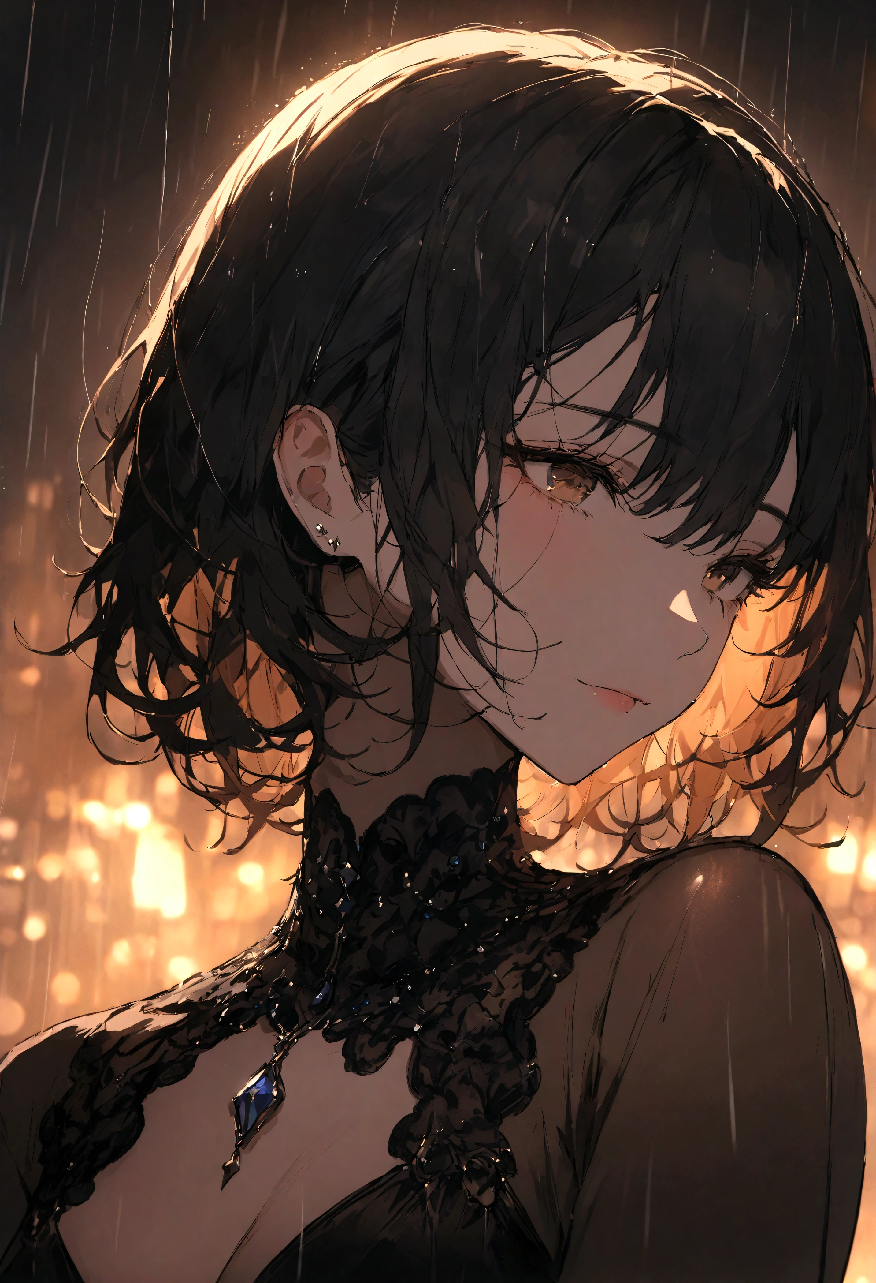 highest quality、masterpiece、tobaccoを吸っている、One Woman、City of night、Simple Background、rain、Being Calm、tobacco
