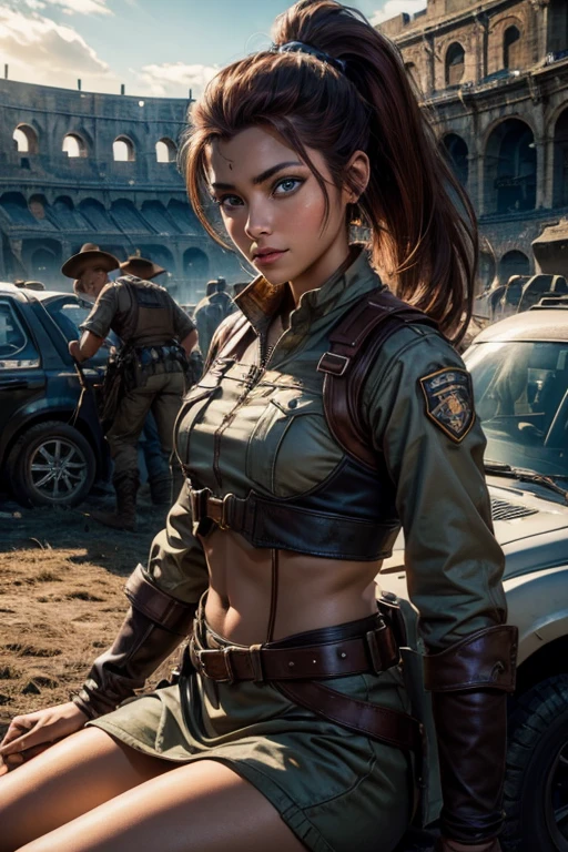 
iliaamitola, ilia amitola, smiling, long hair, blue eyes, brown hair, ponytail, dark skin, dark-skinned female, BREAK khaki mini dress belts, BREAK outdoors, sitting near river running next to colosseum, bonfires, wrecked vehicles, crowd, (crowd in military dress), post-apocalypse, dystopian future, crowd, (crowd in military uniforms), (volumetric lighting), best quality, masterpiece, intricate details, tonemapping, sharp focus, hyper detailed, BREAK looking at viewer, (cowboy shot:1.5), BREAK (masterpiece:1.2), best quality, high resolution, unity 8k wallpaper, (illustration:0.8), (beautiful detailed eyes:1.6), extremely detailed face, perfect lighting, extremely detailed CG, (perfect hands, perfect anatomy), 
