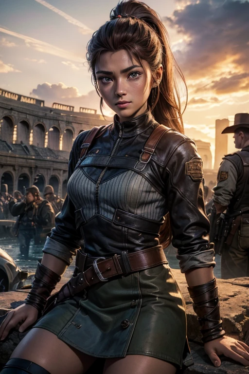 iliaamitola, ilia amitola, smiling, long hair, blue eyes, brown hair, ponytail, dark skin, dark-skinned female, BREAK khaki mini dress belts, BREAK outdoors, sitting near river running next to colosseum, bonfires, wrecked vehicles, crowd, (crowd in military dress), post-apocalypse, dystopian future, crowd, (crowd in military uniforms), (volumetric lighting), best quality, masterpiece, intricate details, tonemapping, sharp focus, hyper detailed, BREAK looking at viewer, (cowboy shot:1.5), BREAK (masterpiece:1.2), best quality, high resolution, unity 8k wallpaper, (illustration:0.8), (beautiful detailed eyes:1.6), extremely detailed face, perfect lighting, extremely detailed CG, (perfect hands, perfect anatomy),
