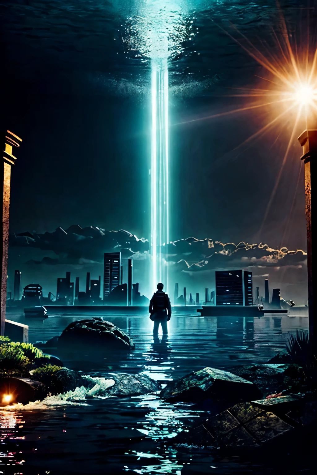 End of the world, inside an aquarium, landscape, realistic, post apocalypse, Submerged city