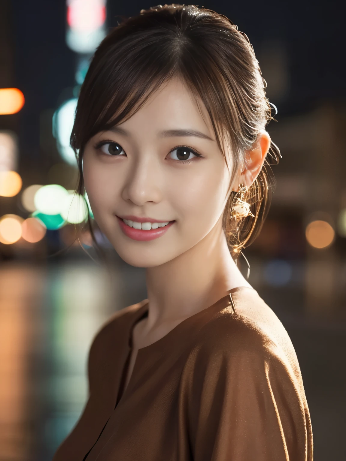 1 girl, (Wearing a brown blouse:1.2), Beautiful Japan actress,
(RAW photo, highest quality), (realistic, Photoreal:1.4), masterpiece,
very delicate and beautiful, very detailed, 2k wallpaper, wonderful,
finely, Very detailed CG Unity 8K wallpaper, Super detailed, High resolution,
soft light, beautiful detailed girl, very detailed eye and face, beautifully detailed nose, beautiful and detailed eyes, cinematic lighting,
break,
(Against the backdrop of a rainy night cityscape 1.3), city lights,
perfect anatomy, slender body, smile, Face the front completely, look at the camera, ((Random body direction)),