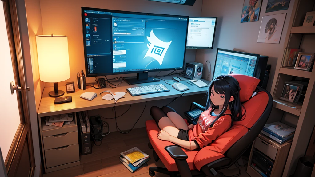 Uma chinesa de 16 anos, hacker especialista em tecnologia. She is in her cozy and relaxing room
