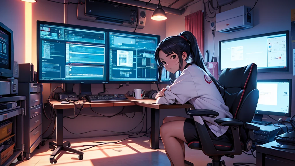 Uma chinesa de 16 anos, hacker especialista em tecnologia. She is in her cozy and relaxing room
