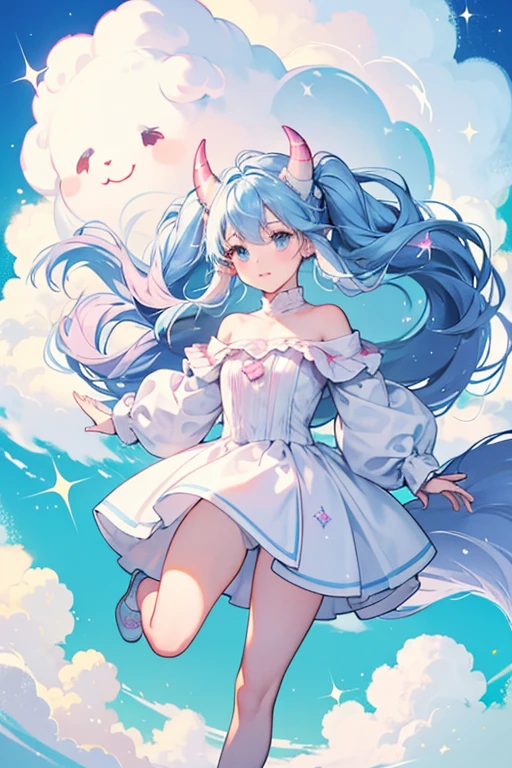 she has a round, light blue face with long, round ears, stubby arms and stubby legs. Her entire body is covered in a fluffy white cloud, and she floats in the air. The top of her head has a pink horn that pops up through the cloud. SPARKLE; GLITTER