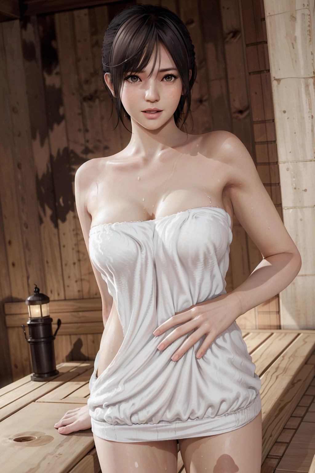 1girl, solo, standing, nagisa, (wearing towel, inside_sauna:1.3), (sweat), oiled, gleaming skin, shiny skin, juice BREAK (masterpiece), (specular lighting:1.3), (hyperrealistic:1.2), (photorealistic face:1.2), (perfect face), (perfect eyes), (best quality), (8k), (4k), sharp focus, octane render, best quality, extremely detailed, intricate, fantasy, soft lighting, (gigantic hanging breasts), (skindentation:1.3), (chubby:1.2), (voluptuous:1.2), thick eyelashes, long eyelashes, smile, blush, oil