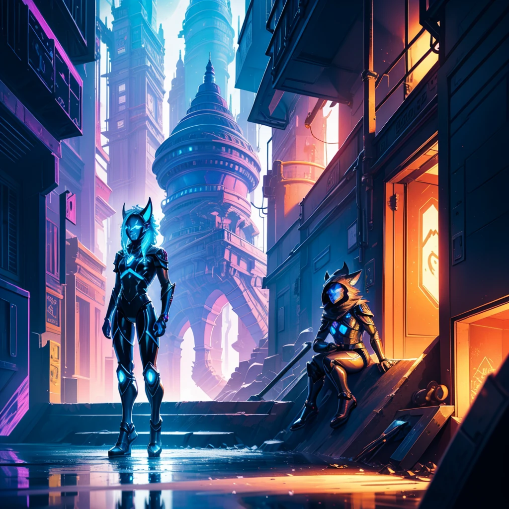 a wizard with a human face and dark blue wolf ears, secret agent in a suit, with a dagger with glowing magic carvings, ice-colored reflective suit, energy suit, light blue skin, bluish silver, manga art, glowing eyes, fantasy RPG, tanned skin, neon punk, art book, Studio ghibli, deep setting, in the middle of a retro cyber punk magical metropolis, magical light reflected in the hair and ear, aura light, dynamic pose, side view, anime style old