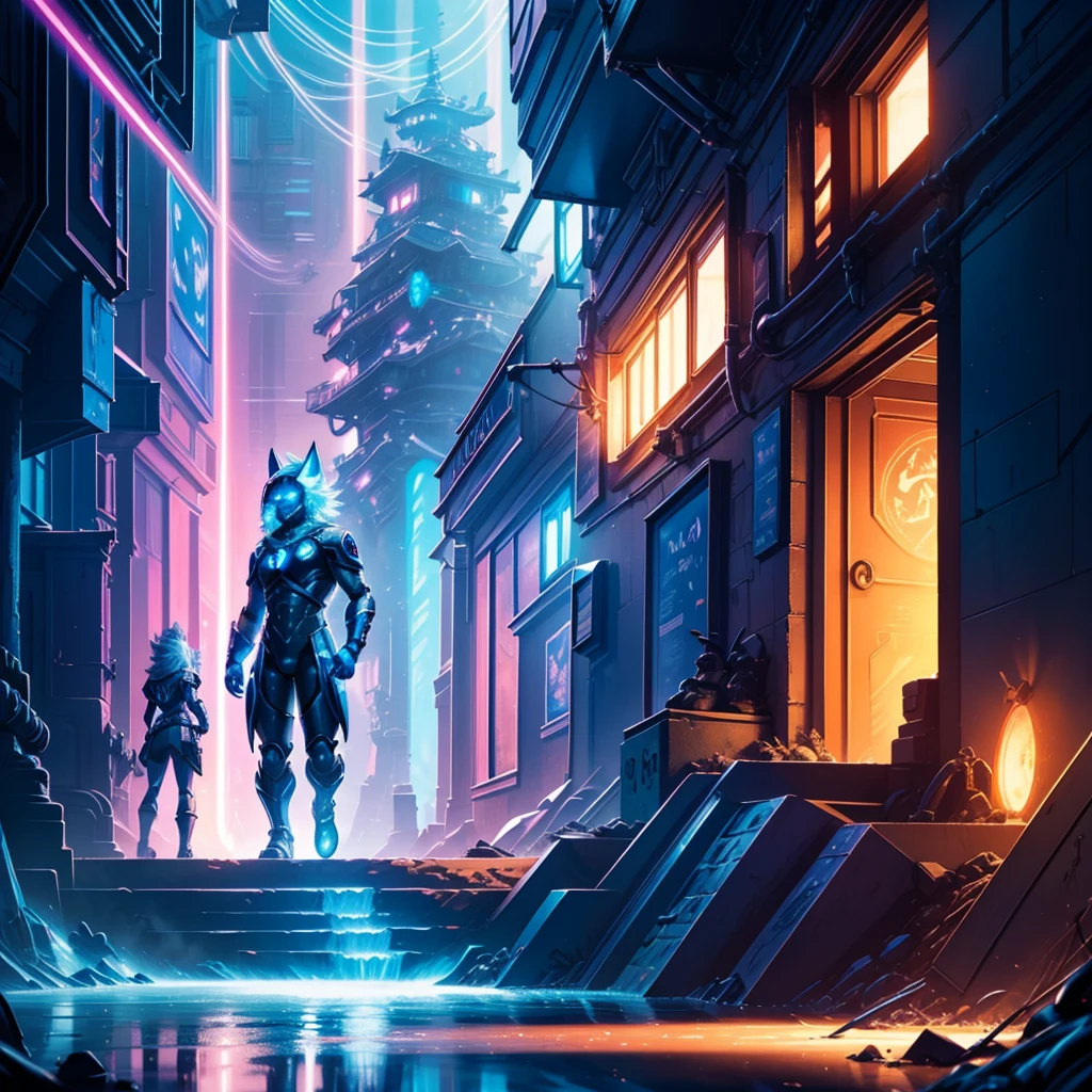 a wizard with a human face and dark blue wolf ears, secret agent in a suit, with a dagger with glowing magic carvings, ice-colored reflective suit, energy suit, light blue skin, bluish silver, manga art, glowing eyes, fantasy RPG, tanned skin, neon punk, art book, Studio ghibli, deep setting, in the middle of a retro cyber punk magical metropolis, magical light reflected in the hair and ear, aura light, dynamic pose, side view, anime style old
