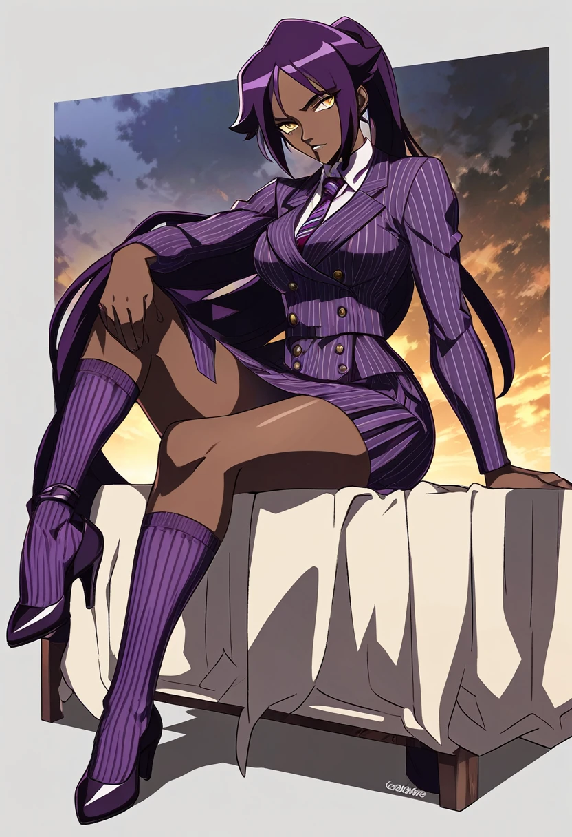 Full body Yoruichi as a thin Black business woman in a double breasted pinstripe purple skirt suit while wearing a tie with a very long purple pinstripe skirt and with purple knee sock’s wearing purple heels while sitting full art anime