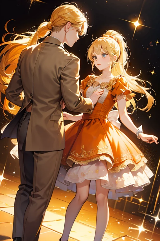 blonde girl  wear orange dresse, brown shoes and wear her hair in a single ponytail. . SPARKLE; GLITTER