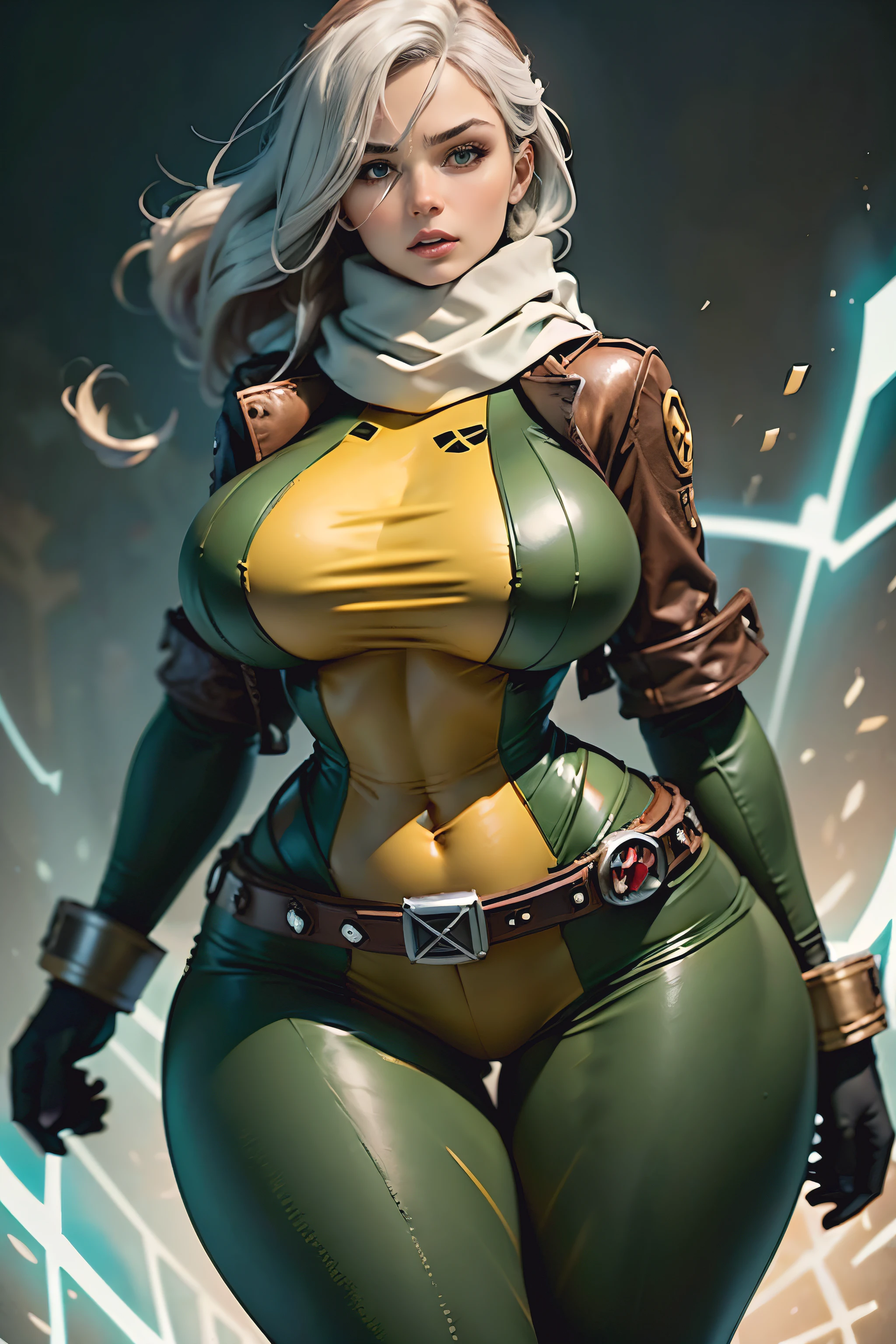 Masterpiece, hd, 8k, ultra detailed, photorealistic !(Rogue is a mutant superhero who has the power to absorb the memories, powers, and characteristics of anyone she touches. Her appearance and wardrobe have varied over the years, but some elements are constant. Rogue ( curvy body 1.3)))( big breast 1.3))), (wide hips 1.4))))and has brown hair with a white streak in the front, which is the result of permanently absorbing Ms. Marvel's powers¹. Her eyes are green and she usually wears discreet makeup. His most characteristic wardrobe is a green and yellow bodysuit with a brown leather jacket over it. The suit has a belt with an X and high boots. Rogue also wears gloves to prevent accidental contact with other people. Sometimes Rogue accessorizes her outfit with a scarf, cap, or sunglasses. Rogue has a curvy voluptuous figure with big breast and small waist and wide hips and average height. Their expression is usually confident and defiant, but can also show vulnerability and tenderness. Rogue is a southern belle who has become a leader of the X-Men)