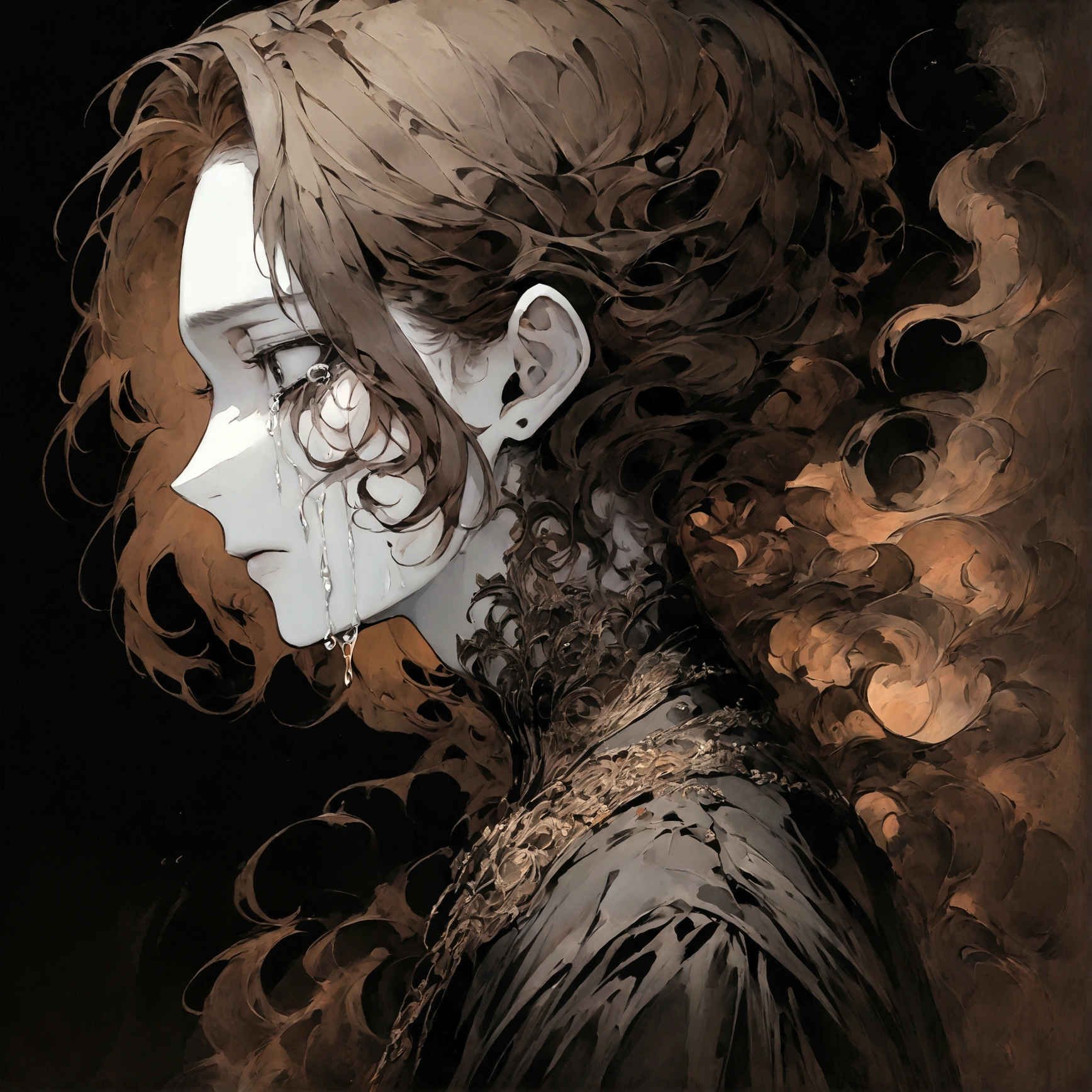 a portrait of a pale skinned male with short brown hair and grey skin crying black tears with black eyes, swirling dark backround, edgy aesthetic, side profile