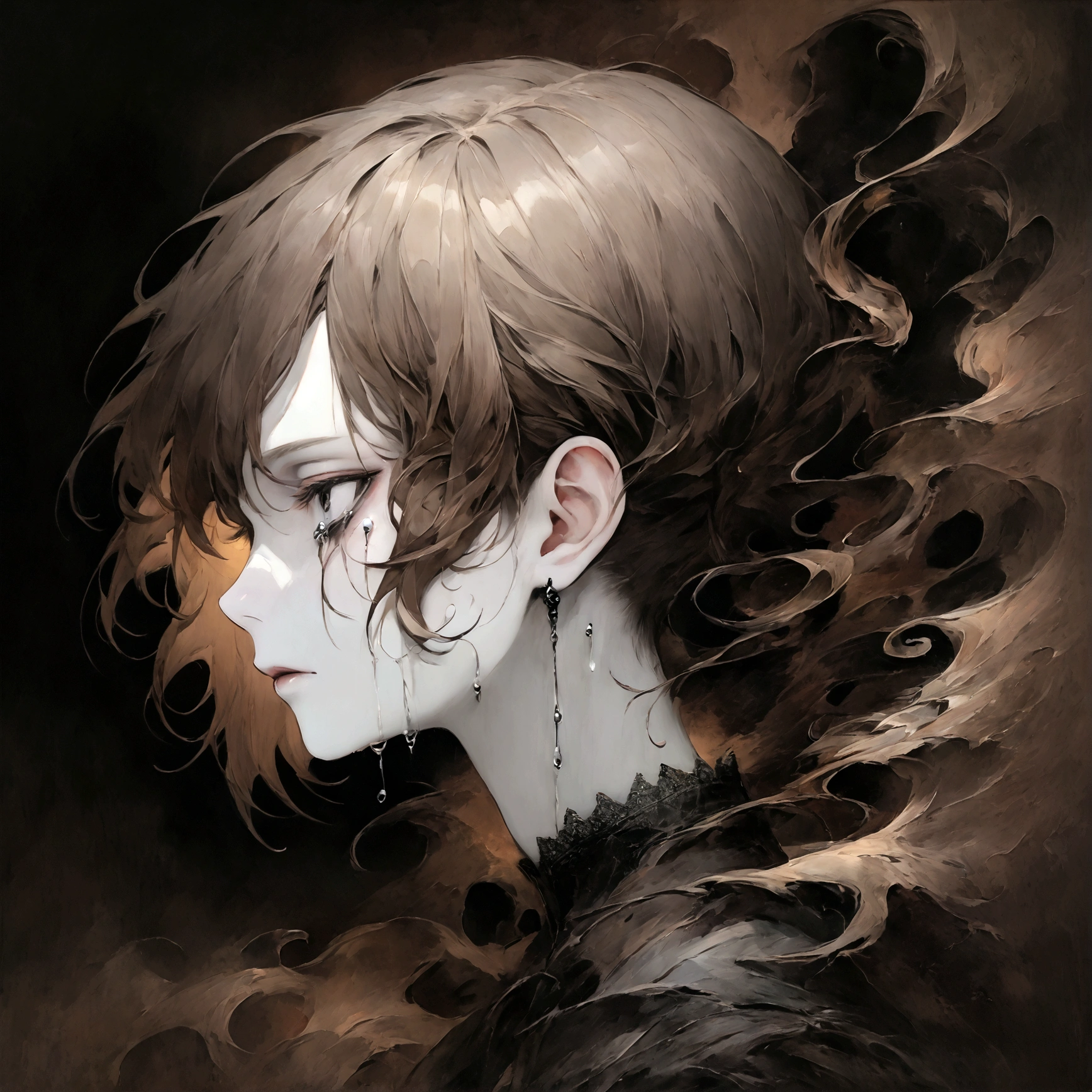 a portrait of a pale skinned male with short brown hair and grey skin crying black tears with black eyes, swirling dark backround, edgy aesthetic, side profile