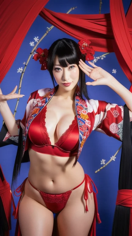 araffe woman in a red bikini and red kimono posing for a picture, Japanese goddess, Yoko Matsugane plays the role of Mai Shiranui, in kimono, Juri Misaki, red kimono, Japanese model, De Ayami Kojima, in kimono, opposite, Ayami Kojima Amano, Beautiful, charming anime women
