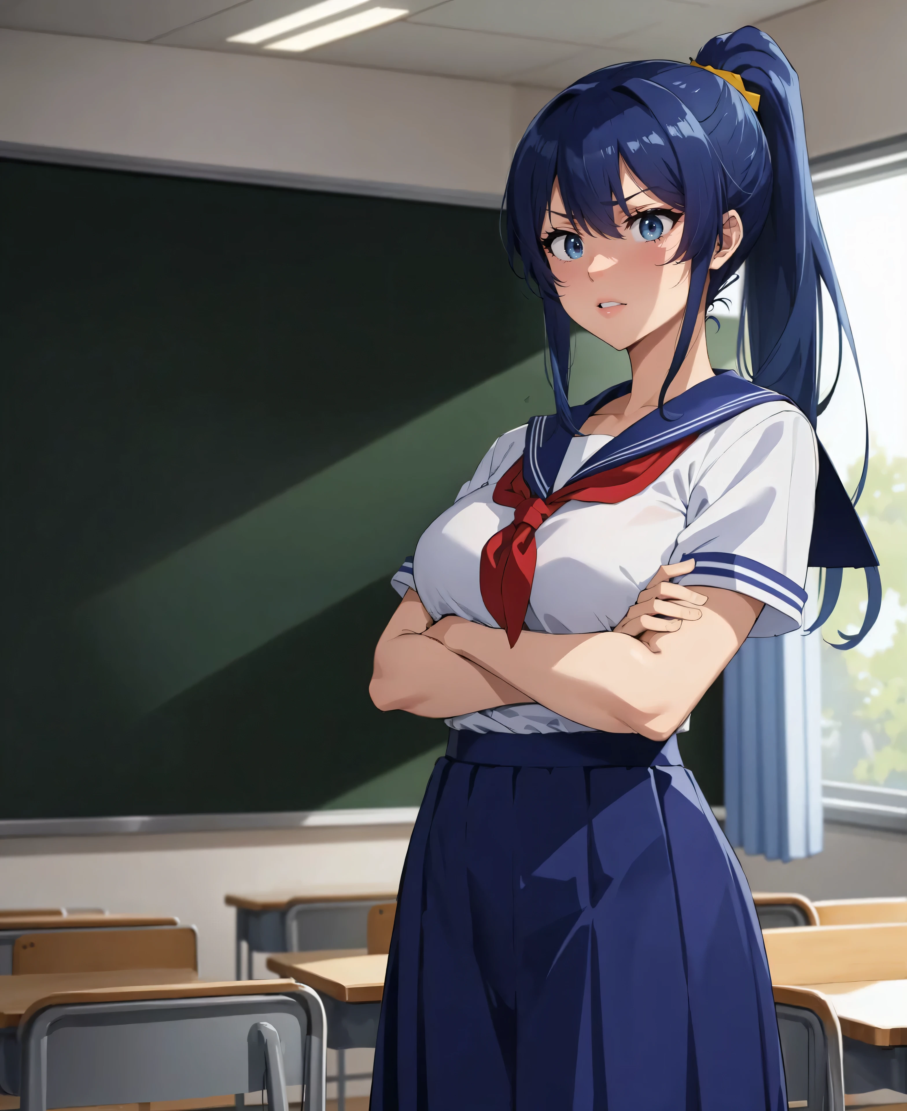 Angry expression、Cross your arms、(classroom)、Standing posture、1 female、(Blue Hair、Ponytail)、(Sailor suit、Long skirt)、Ultra-detailed illustrations、Ultra-precision performance、masterpiece、highest quality、超High resolution、High resolution、